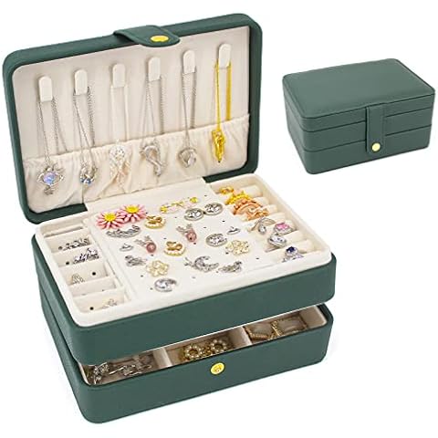 KOOAAICCHI Small Jewelry Box, Travel Jewelry Organizer, Portable Jewelry boxes for Women Girls Gift, Double Layers PU Leather Jewelry Holder for Rings, Earrings, Necklaces-Green Cover
