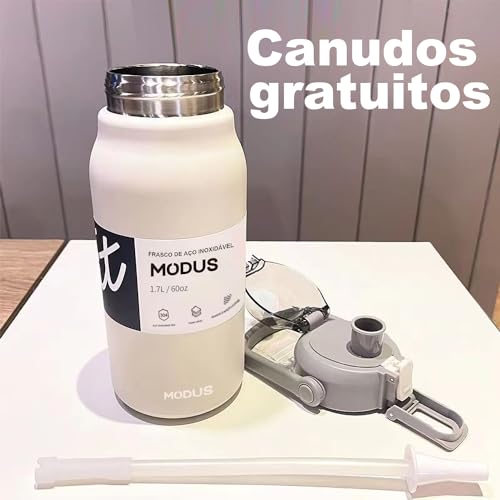 Garrafa Térmica Isolada a Vácuo De Aço Inoxidável 304 1700ML Grande Capacidade Com Canudo (Branco)