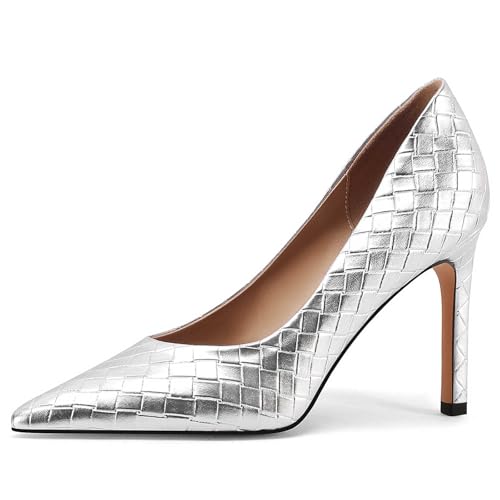 Women's Pointed Toe High Heels – Slip-On Stiletto Pumps with Embossed Woven Texture, Elegant Dress Shoes for Wedding, Office, Party & Formal Events