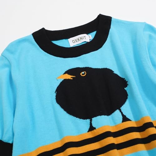 Women's Light Blue Knitted T-Shirt Short Sleeve, 1960s Mod Style Birds Pattern Crewneck Tops3