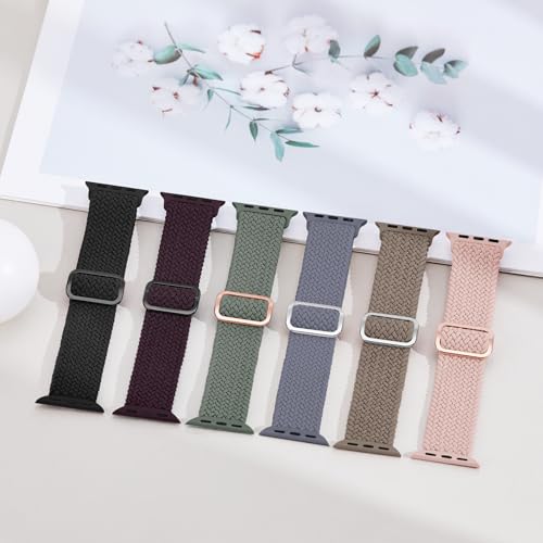 Image of 6 Pack Braided Stretchy Bands Compatible with Apple Watch Band 38mm 40mm 41mm 42mm 44mm 45mm 46mm 49mm Women Men, Adjustable Nylon Solo Loop Elastic Straps for iWatch Series 11 10 9 8 7 6 5 4 SE Ultra