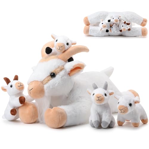 HyDren 5 Pcs Goat Stuffed Animals, Mommy Goat Plush with Babies, White