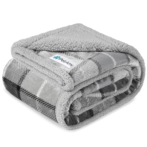 PetAmi Waterproof Dog Blanket for Medium Large Dog Puppy Cat Throw for Couch Cover Leakproof Protection, Sherpa Fleece, Reversible Soft Washable 60x40 Plaid Light Gray