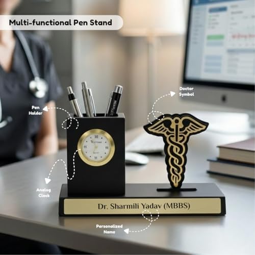 Image of Giftana Personalized Doctor Pen Stand with Name & Clock | Wooden Desk Organizer with Doctor Emblem (Caduceus Symbol) | Customized Pencil Holder for Doctors, Medical Students | Birthday Gifts