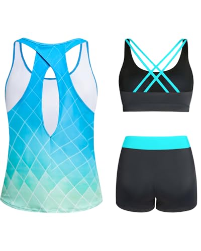Image of 3 Piece Tankini Long Sleeve Swimsuits Athletic Rash Guard Bathing Suits | Modest,Full Coverage,High Waisted Short,Quick Dry,Criss Cross Back