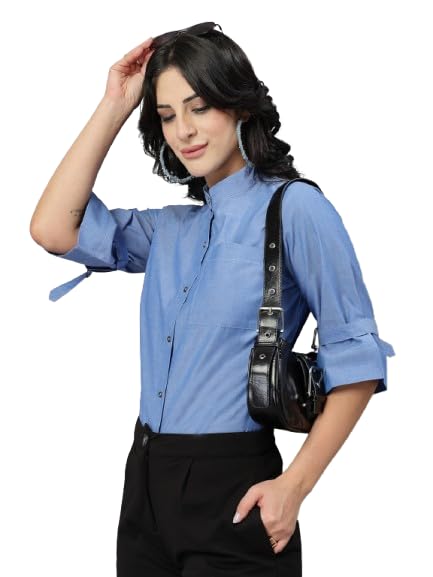 Chemise en coton chambray bleu pour femme anti-transpiration coupe confort