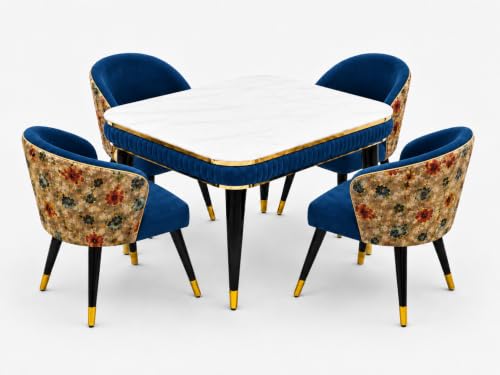 Image of WOODEN SPACE Majestic 4 Seater Wooden Dining Table Set | Urban Marble Top Dining Table with Chairs for Dining Room & Kitchen (Modern Classic Printed Navy Blue) (54 x 36 x 30 inch)