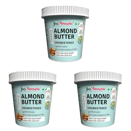 Image of Jus' Amazin Creamy Almond Butter - Unsweetened (1 Kg Tub) | 25% Protein | Only Whole Almonds (100% Pure) | Zero Additives | Keto | Plant Based Nutrition | Clean Nutrition (Pack of 3)