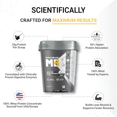 Image of MuscleBlaze Biozyme Performance Whey Protein Powder, Magical Mango (4kg / 8.8lbs) | 25g Protein Per Scoop | Clinically Tested 50% Higher Protein Absorption