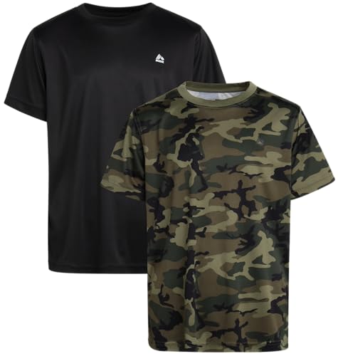 RBX Boys Athletic Shirts 2 Pack Lightweight Crewneck Moisture Wicking Short Sleeve Workout Running Sports Shirts for Boys Size 14-16 Green Camo