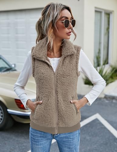 IECCP Damen Fleece Weste Jacke Standkragen Ultraleicht Outdoor Westen Tops mit Taschen Reißverschluss Gilets Damenweste(Kamel,S)