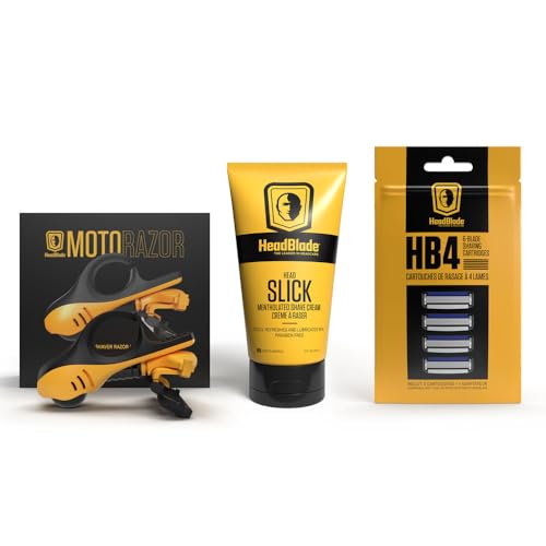 Image of Moto Men's Head Shaving Starter Kit with 5oz HeadSlick Shaving Cream, Shaving Razor, Blade Refills
