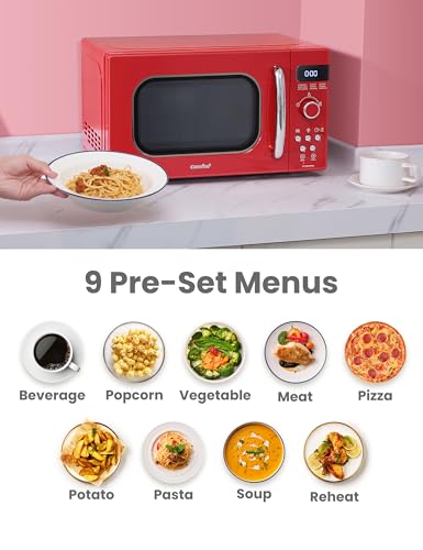 COMFEE' Retro Small Microwave Oven With Compact Size, 9 Preset Menus, Position-Memory Turntable, Mute Function, Countertop, Perfect For Small Spaces, 0.7 Cu Ft/700W, Red, AM720C2RA-R