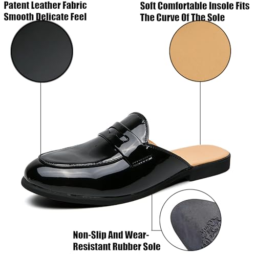 Men's Patent Leather Low Heel Mules Fashion Round Toe Backless Slip-On Flat Penny Male Loafers for Business Work Dress Mules Slippers2