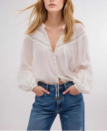 Image of Women Summer Sheer Tie Front Top Y2k Peplum Chiffon Blouse Eyelet Long Sleeve Flowy Lace Beach Cover Up Boho Tops