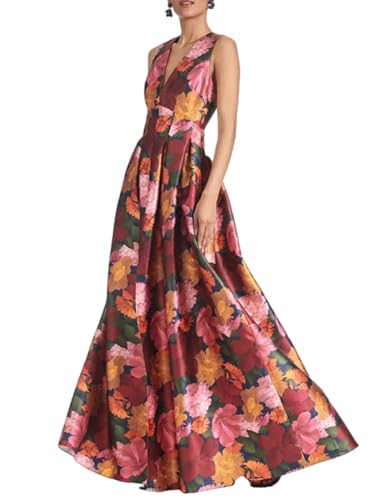 Wedding Guest Dress Satin V Neck Sleeveless Floor Length A-Line High Split Formal Prom Evening Dress Floral Print 2025
