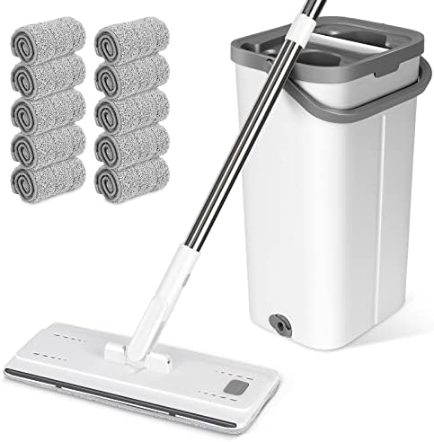 Myiosus Mop and Buckets Sets, Microfibre Flat Mop for Wet & Dry with 10 Reusable Pads, 140cm Stainless Steel Handle, Twin Chamber Bucket for Cleaning Tile Laminate Hardwood Floors