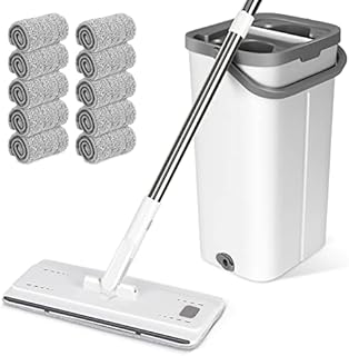 Myiosus Mop and Buckets Sets, Microfibre Flat Mop for Wet & Dry with 10 Reusable Pads, 140cm Stainless Steel Handle, Twin Chamber Bucket for Cleaning Tile Laminate Hardwood Floors