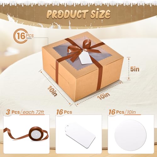 DOYIDE 32Pcs 10 Inch Cake Boxes with Cake Boards (16Pcs Brown Cake Boxes, 16Pcs Cake Boards), 10x10x5 Inch Bakery Boxes with Window, Cake Carrier Container for Birthday Party, Wedding by DOYIDE - Image 3