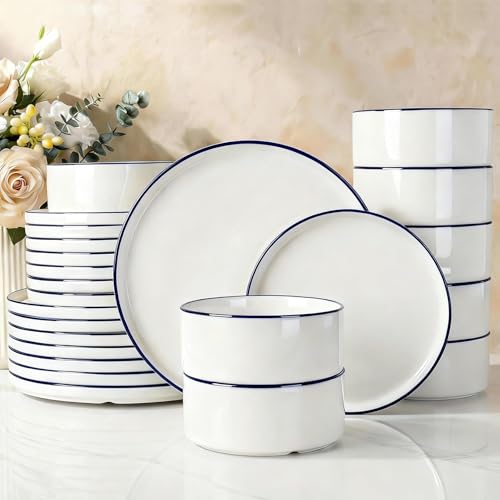 Image of Famiware Porcelain Dinnerware Set, 24-Piece Modern Plate and Bowl Set, dish set for 8, Microwave and Dishwasher Safe Tableware, White with Blue Trim