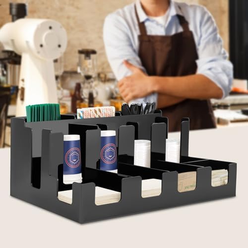 Acrylic Coffee Bar Organizer for Countertop - 12 Compartment Condiment & Syrup Pod Holder, Stylish Black Coffee Station for Home, Office, or Cafe