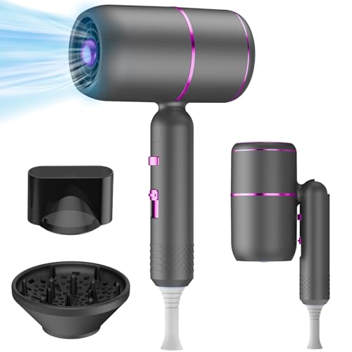 Oskuglin Secador de pelo profesional de iones, secador de pelo de viaje plegable, secador de pelo de salón de 2000 W con boquilla de peinado, 3 temperaturas/2 velocidades (gris morado)
