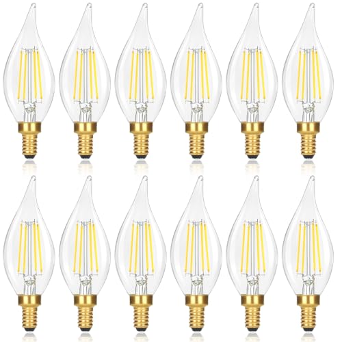 GoBright 12-Pack Dimmable E12 LED Candelabra Bulbs 60 watt Equivalent, 5000K Daylight White Dimmable Chandelier Light Bulbs, 6W 630LM Vintage Flame Tip E12 LED Candle Bulb