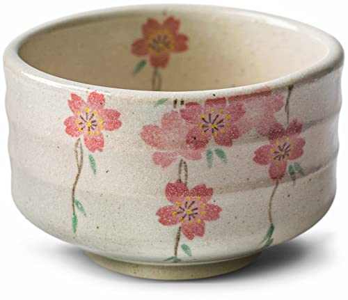 aprikalife - Traditional Japanese Matcha Tea Bowl, Handcrafted Ceramic, Tea Ceremony Cup, White Glaze with Shidare-Sakura Weeping Cherry Blossoms