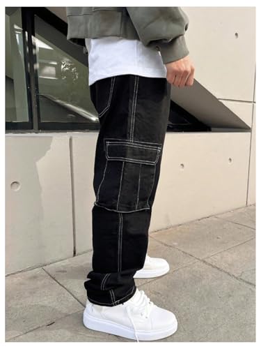 Verdusa Men's Cargo Pants Drawstring Waist Straight Leg Casual Street Trousers with Flap Pockets3