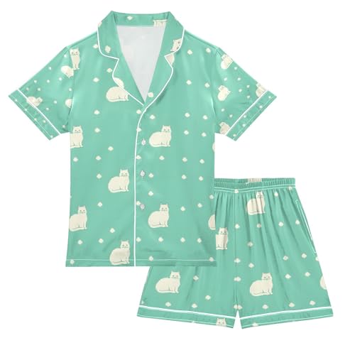 senya Cat on Green Dot Satin Summer Pajama Sets Silk Short Sleeve Button Down Sleepwear