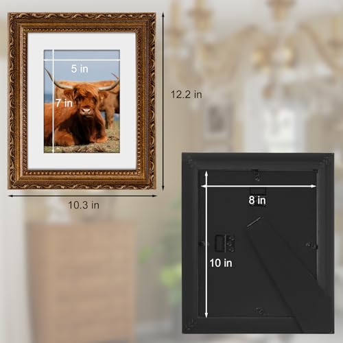 Image of Wood 8x10 Picture Frame with Mat Antique Vintage Picture Frames | Real Glass, Matted 5x7 or 8 x 10 Photos, Easy Photo Changes, Tabletop or Wall Hanging