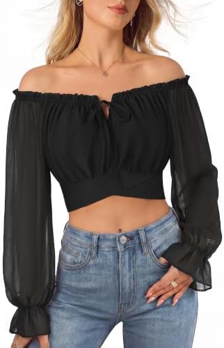 SCARLET DARKNESS Mittelalter Bluse Damen,Gothic Off Shoulder Oberteil | Langarm Laternenärmel,Lace up,Renaissance Crop Tops