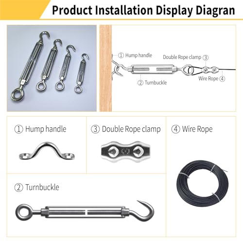 RiaYer 5 Pack Stainless Steel M4 Hook and Eye Turnbuckle, Heavy Duty Wire Rope Tensioner, Adjustable Hardware Kit for DIY String Light and Picture Hanging, Shade Sail, Cable Tightening - Thumbnail 6