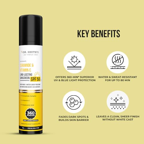 Image of Dr. Sheth's Ceramide & Vitamin C Long lasting Sunscreen SPF 50+ PA++++ 6 hrs Advanced UV & Tan Protection | No White Cast, Water & Sweat-Resistant | Non-Greasy & Quick-Absorbing | For Women & Men | 50g