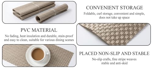 Image of Dribble Premium Anti UV-Mesh Woven PVC Table Placemats Set of 6 - Non-Slip, Heat Resistant, Washable Dining Table Mats for Kitchen, Dining & Office - 45cm X 30cm Durable Textured Design (Golden)