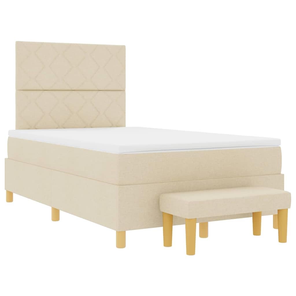 Cama con somier con colchón color crema de 120 x 200 cm, estructura moderna con colchón de espuma, cabecero de poliéster y banco práctico, comodidad media para un descanso