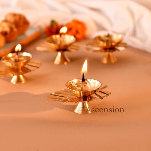 Image of Ascension Handcrafted Pack of 4 Metal Diya Decorative Leaf Shaped Lamp for Pooja Room aarti Temple mandir Diwali Decoration Gifting Housewarming Living Room Hall Festive Gift Item Home & Office Decor