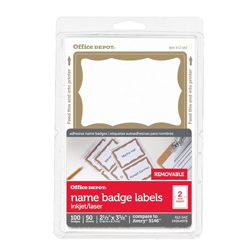Etiquetas de marca Office Depot con acabado de borde dorado premium de 2 11/32 x 3 3/8 pulgadas