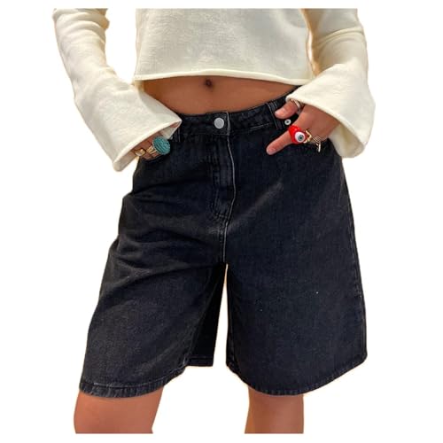 Women Y2K Baggy Jean Shorts Low Rise Denim Bermuda Shorts with Pockets Loose Wide Leg Frayed Carpenter Cargo Jorts