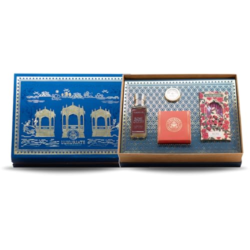 Image of LUXURIATE Fragrance Gift Set Box 4PC - Rose Oudh Perfume, Cinnamon Pillar Candle, Rose Bambooless Incense, Red Wine Lip Balm | Gift for Diwali| Gift for Women | Gift