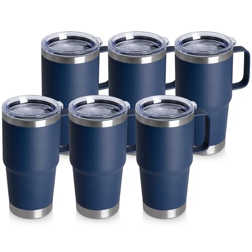 20oz Tumbler Bulk with Lid, Stainless Steel Tumbler Bulk with Handle, Metal Insulated Travel Coffee Mug Set with Handle, Double Wall Vacuum Leak Proof Tumbler Cup, Navy 6 Pack