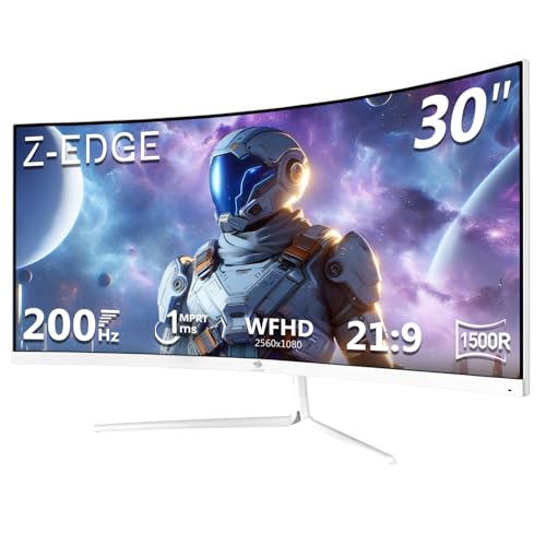Z-Edge 30 Zoll Ultrawide Curved Gaming Monitor 200Hz (DP) 165Hz (HDMI) 1ms MPRT, 2560x1080 VA Panel, 21:9 R1500 Curved Bildschirm, 99% sRGB, 300cd/m² Helligkeit, FreeSync, HDMI & DisplayPort, Weiß