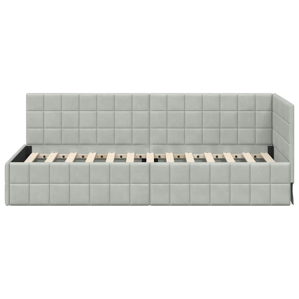 Estructura de cama esquinera gris claro con cabecero de 80 x 200 cm terciopelo en forma de L tapizada con somier para dormitorio, invitados, habitación juvenil, diseño que ahorra espacio