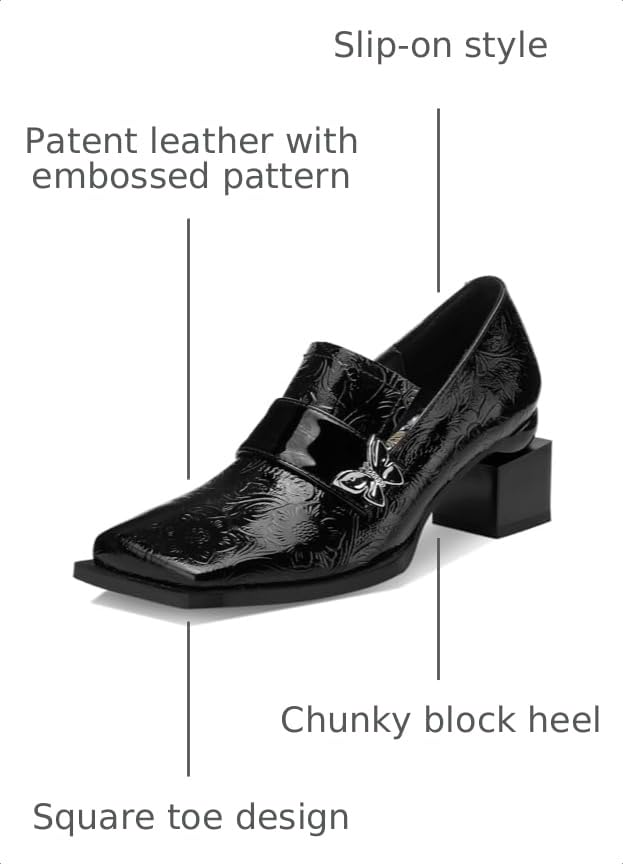 Image of Loafers for Women Patent Leather Buckle Square Toe Chunky Block Dress Slip On Wide Casual Comfortable Dressy High Heels Ladies Comfort Moccasins Elegantes 2 Inch Shoes