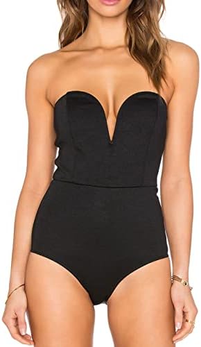 May&Maya Women's Strapless Plunge Neck Bodysuit (S, Black)