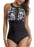 Sixyotie Badeanzug Schwimmanzug Damen Einteiler Schlankheits Raffung High Neck Bademode Strandmode, Gr.-EU 40/ Etikettengröße- Large, Blume