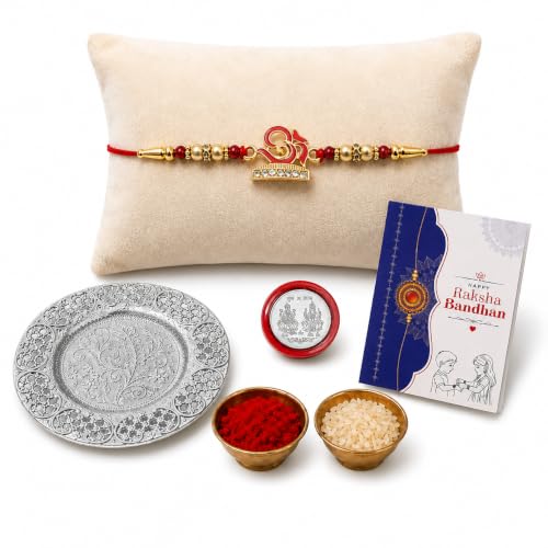 Image of Oblivion Rakhi Set for Brother - Om Design Rakhi for Brother with Silver Colour Pooja Thali, Pooja Coin, Kumkum Chawal & Greeting Card | Raksha Bandhan Gift Hamper