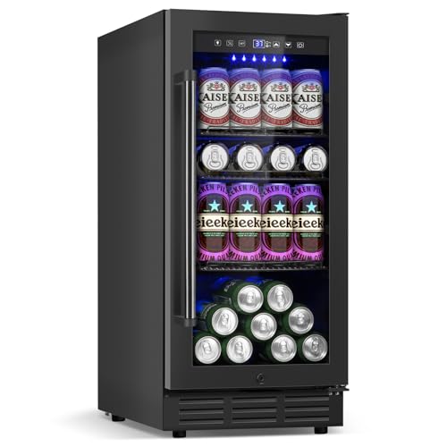 Beverage Refrigerator Cooler, 15 Inch 130 Cans Under Counter Refrigerator Beer Fridge with Glass Door, Adjustable Shelves and LED Light, Bulit-in Soda Fridge for Bedroom Office Bar
