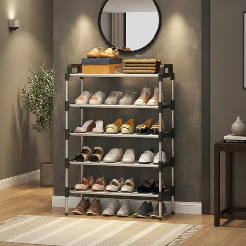 Image of 5-Tier Shoe Storage Rack | Space-Saving Free-Standing Shoe Organizer | Durable Metal Frame with Open Shelves Ideal for Entryway, Closet, Bedroom (HANDRAIL-Black)