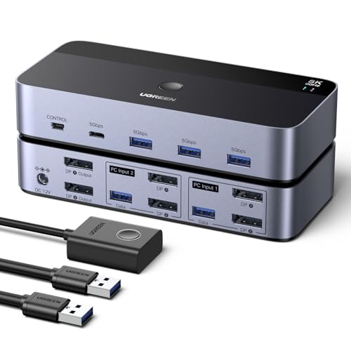 UGREEN 8K@60Hz Displayport KVM Switch 2 Monitors 2 Computers Support 4K@240Hz 4 Port USB KVM Switcher DP 1.4 KVM Switches for 2 Computers Share Keyboard Mouse Hard Drive and 2 Monitors